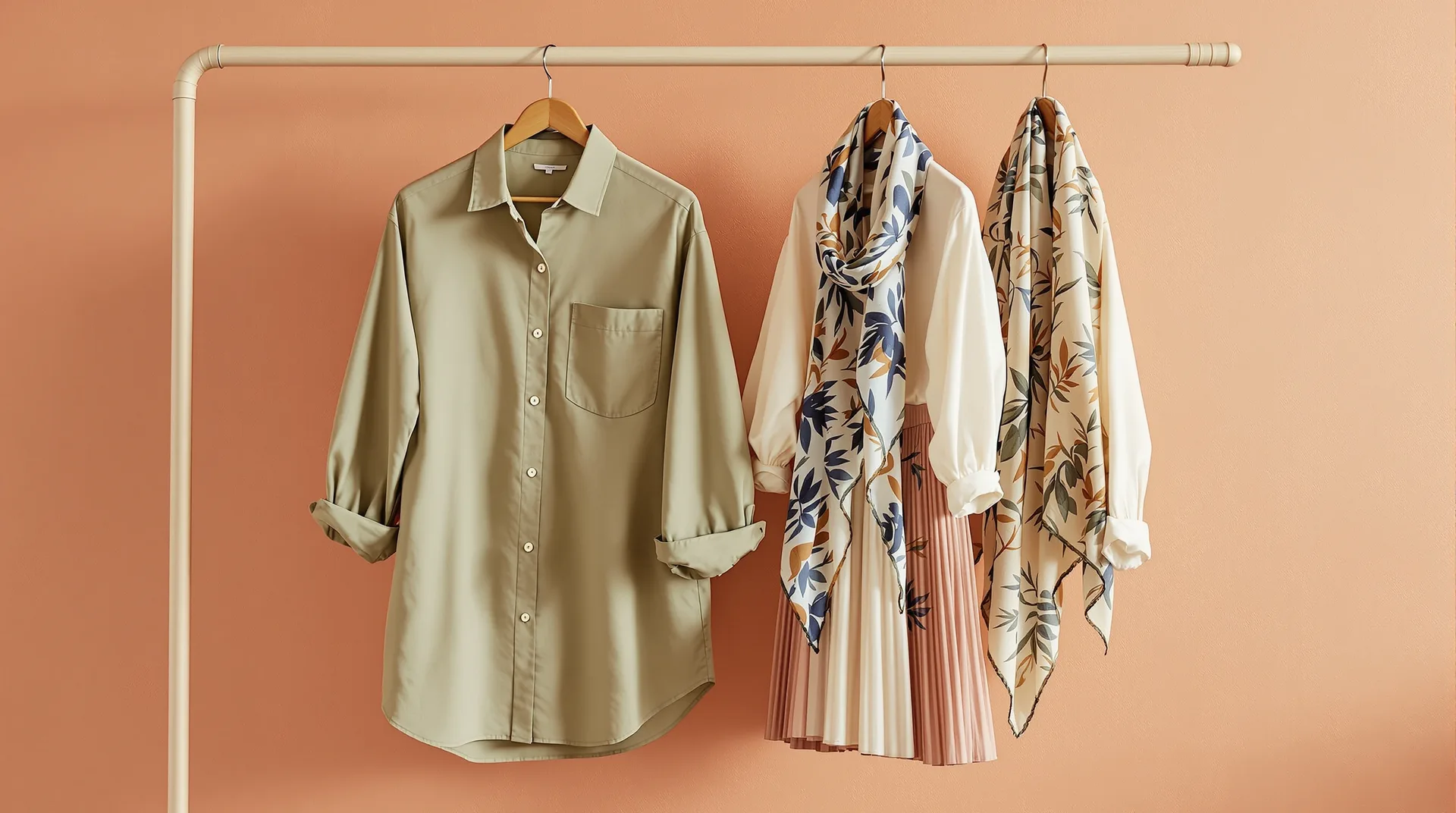 Robe chemise, jupe plissée et foulard imprimé suspendus à une tringle en bois clair